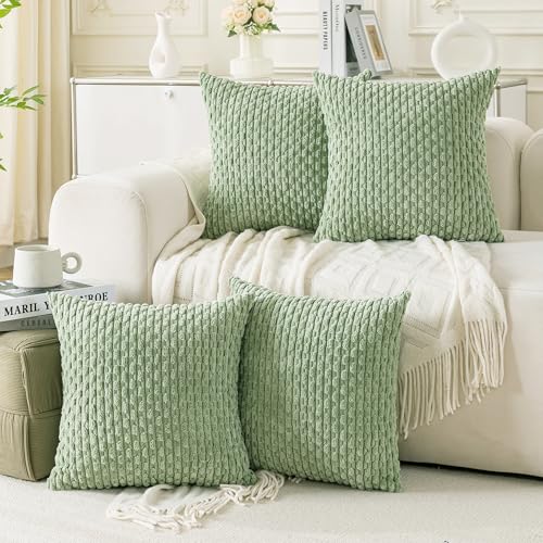Set of 4 Sage Green Decorative Throw Pillow Covers 26x26 Inch Corduroy Pillow Covers for Bed Couch Sofa Living Room Soft Square Cushion Cases