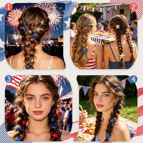 12 piezas pinzas de cabello mini estrella con diseño patriótico rojo, blanco y azul para mujer miniatura 5