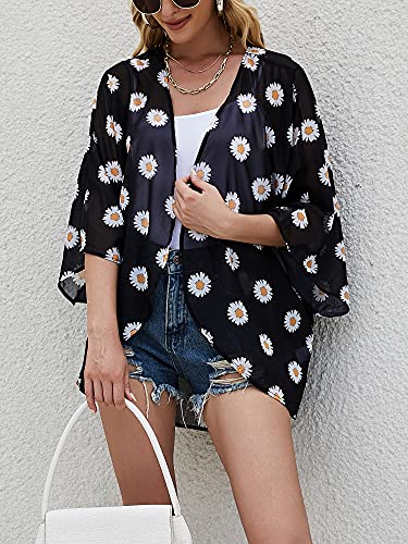 Chunoy Women's Spring Summer Short Sleeve Chiffon Kimono Cardigan Floral Beachwear Cover Up Blouse Tops Black Small #TOP1