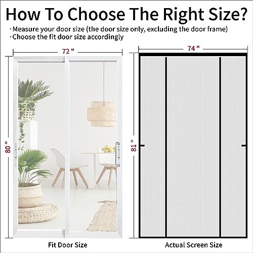 Chiyuns Double Door Screen Magnetic Closure, Fit Door Size 72 X 80 Inch, Grey Fiberglass Magnetic Screen Door With Full Frame Hook&Loop, Heavy Duty, Self Sealing, Keep Bugs Out, Pet Friendly #TOP5