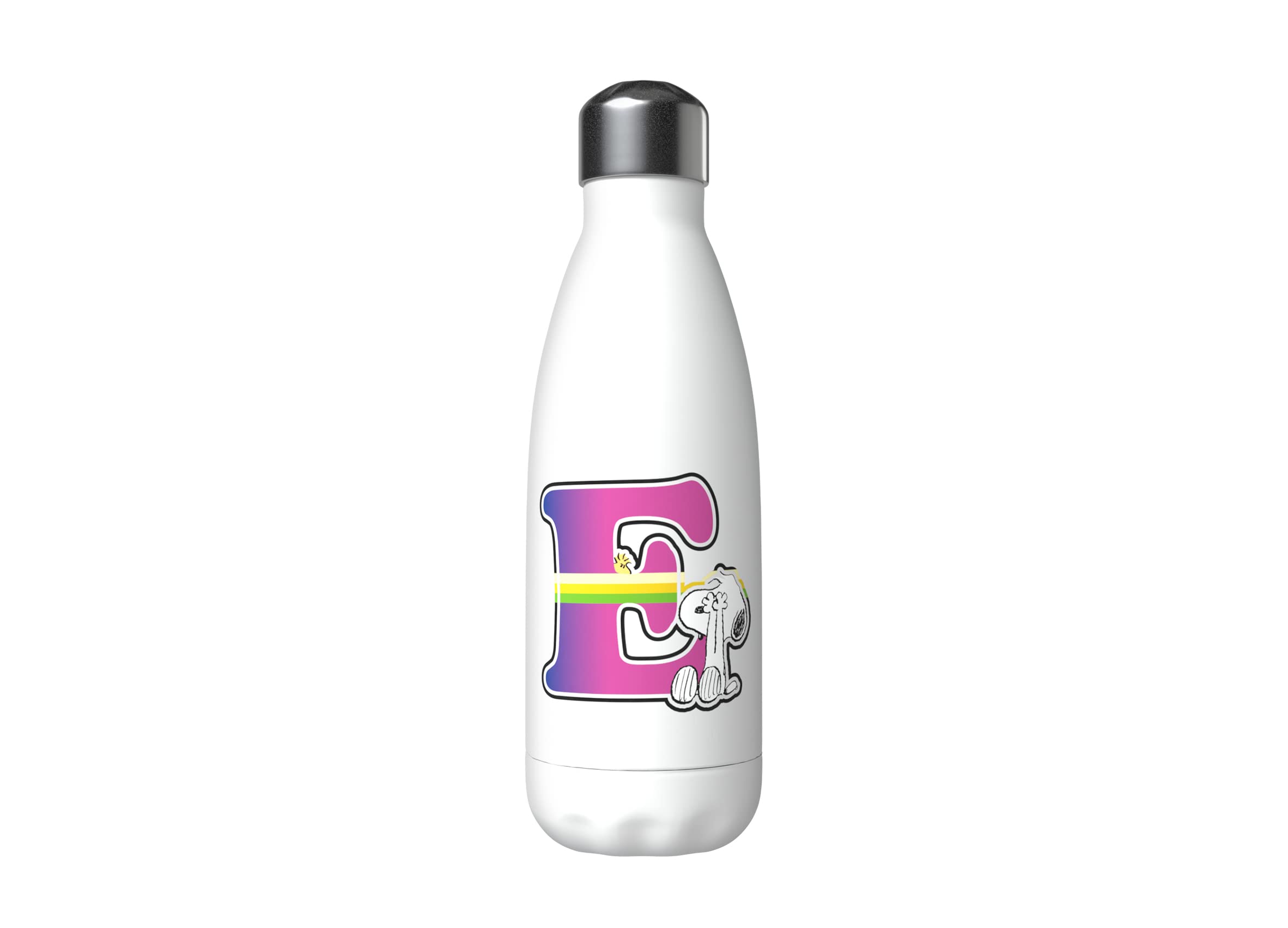 CYPBRANDS Snoopy – Stainless Steel Water Bottle, Airtight Closure, with Multi-Coloured Letter E Design, 550 ml, White, Official Product