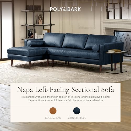 Image of Poly & BARK Napa 104.5 inch Left-Facing Sectional Sofa - Midnight Blue Full-Grain Pure-Aniline Italian Leather, Feather-Down Cushions, Kiln-Dried Solid Wood Frame, Walnut Legs