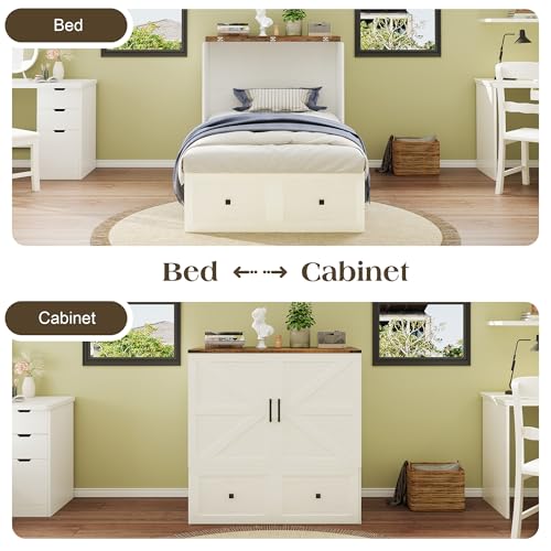 Image of LUXOAK Twin Murphy Bed with 6 inch Tri-Fold Memory Foam Mattress, Storage Drawer & Charging Station, Space-Saving Design for Home Office or Guest Room, White