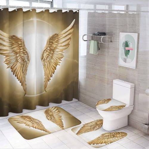 Angel Wing Print Four Piece Bathroom Set 183 * 183cm Shower Curtain, Non-Slip Floor Mats, U-Shaped Mat, and Toilet Lid Cover