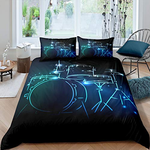 Loussiesd Rock Instrument Comforter Cover Set Drum Kit Duvet Cover for Boys Teens Man Music Theme Bedding Set Creative Fluorescent Quilt Cover Fashion Bedroom Decor 2Pcs Single Size