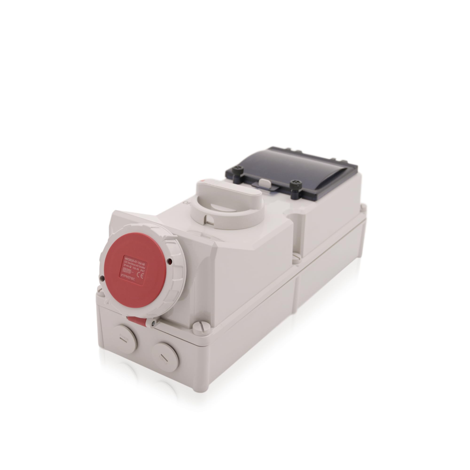 Intratec CEE Wandsteckdose 16A 5-polig IP67 – Schalter abschließbar, DIN-Schiene für LS/FI, vorverdrahtet, 400V AC, Abdeckung transparent, ABS-Gehäuse Grau