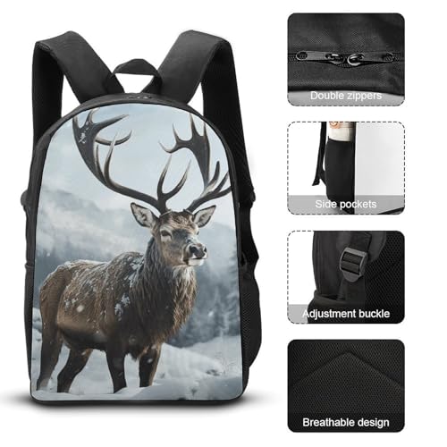3 Piece Backpack for Women Men Lightweight Causal Daypack Shoulder Bag Set with Insulated Lunch Bag And Pencil Case Organizers Snow Elk3