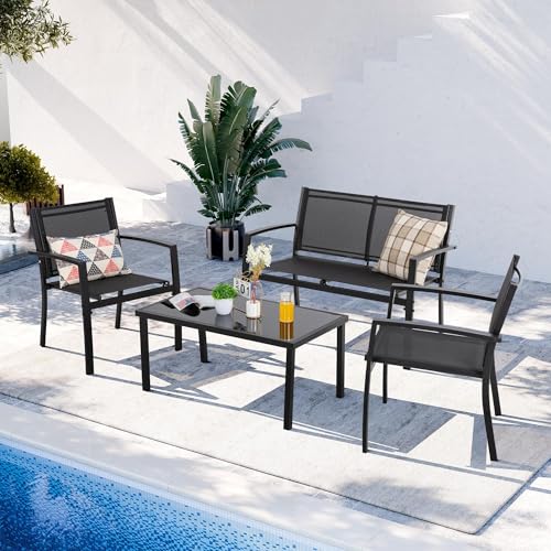 Shintenchi 4 Pieces Patio Furniture Set All Weather Textile Fabric Outdoor Conversation Set, with Glass Coffee Table, Loveseat, 2 Single Chairs for Home, Garden, Lawn, Porch(Black) - Image 4
