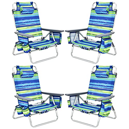 Image of Tangkula Set of 4 Backpack Beach Chair, 5-Position Lay Flat Beach Chairs with Cooler Bag, 2 Cup Holders, Towel Bar, Lightweight Folding Beach Chair with Backpack Straps