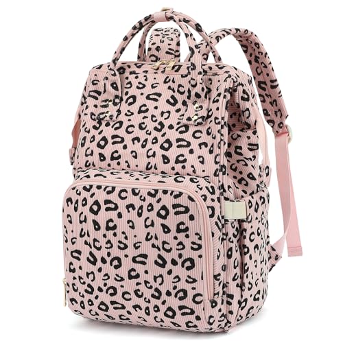College Laptop Backpack, Travel Backpack for Women, Corduroy Casual Daypack, School Backpack Bookbag for Girls (Pink Corduroy Leopard)