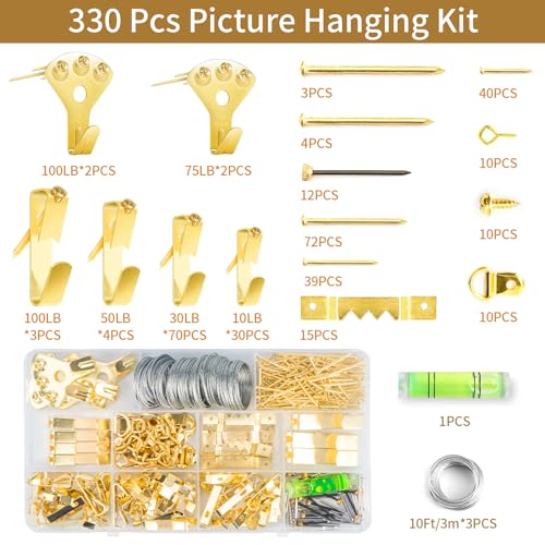 Image of Picture Hanging Assortment Kit, 330PCS Picture Hanging Kit, Picture Hangers, Picture Hanging Hooks, with Sawtooth, Screw Eyes, D Rings, Nails, Screws, Steel Wire,10-100lb Frame Hanging Hardware