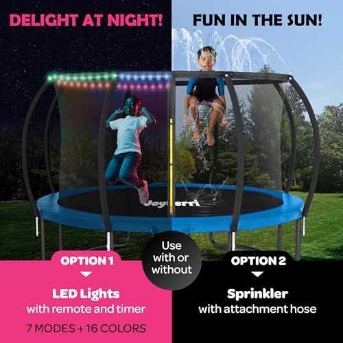 Image of JoyBerri Upsurge Trampoline Outdoor - ASTM Certified Safe 8Ft 10Ft 12Ft 14Ft 15Ft 16Ft Recreational Trampoline for Kids and Adults. Anti-Rust Coating with Enclosure Net, Ladder, Sprinkler & LED Lights