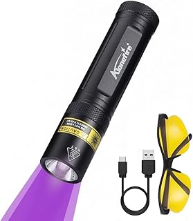 Alonefire SV77 Lanterna UV 10 W 395 nm profissional recarregável USB C luz preta detetor de urina para resina, pesca, escorpião, minerais, cola, âmbar com óculos protetores UV, bateria incorporada