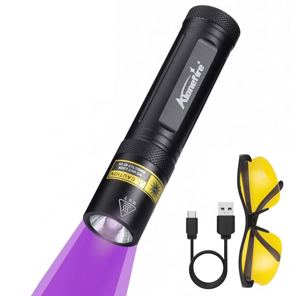 ALONEFIRE SV77 10W 395nm UV Flashlight Portable Rechargeable Blacklight Money Detector for Pet Urine Detector, Resin Curing, Scorpion, Fishing, Minerals with UV Protective Glasses, Built-in Battery