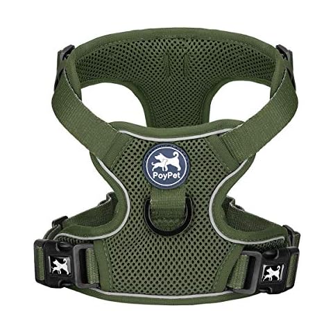 PoyPet Reflective Soft Breathable Mesh Dog Harness Choke-Free Double Padded Vest with Adjustable Neck and Chest(Military Green,S) Cover