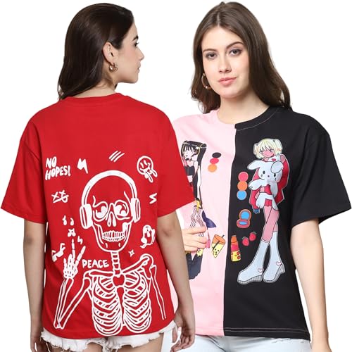 Image of Style Go Pure Cotton Oversized Baggy Fit Drop Shoulder Aesthetic & Cool Graphic Printed Half Sleeve Tshirt for Women || Trendy Tees || Casual Loose Korean T-Shirt (Pack 2)
