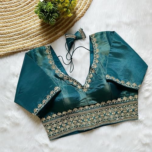 Image of Pujia Mills Women's Silk Jari Embroidery Sequence Work Round Neck Half Sleeve Readymade Blouse