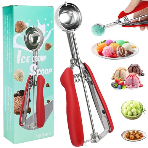 XINFAQAQ Cucchiaio Gelato 4 cm Porzionatore Per Gelato Cucchiaio per Gelato Acciaio Inox 304 con Grilletto per Gelati, Polpette di Riso, Impasti, Torte, Polpette e Polpa di Frutta (Rosso)