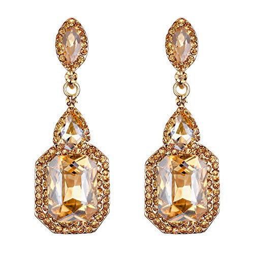 BriLove Wedding Bridal Clip-On Earrings for Women Crystal Emerald Cut Infinity Figure 8 Dangle Jewelry Champagne Gold-Tone