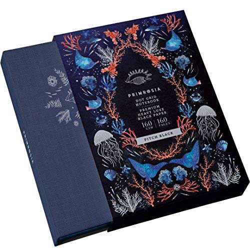 Primrosia A5 Dot Grid Black Paper Journal â€“ Pitch Black Series â€“ 160 gsm I 160 Pages with White Bullet Dot, No Bleed, Gel Pen Friendly. Linen Notebook + Sealife Slip Cover (Inky Black)