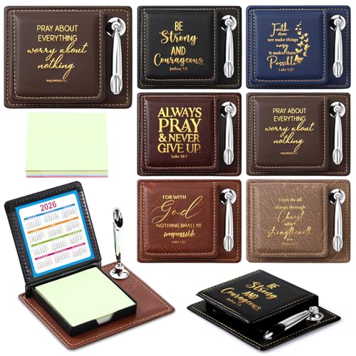 Spakon 6 Set Fathers Day Christian Gifts Bible Verse Sticky Note Holder for Inspirational Church Gifts PU Leather Box with Pen Holder for Church Religious Gift Mother Dad Women Men (Mixing Colors)