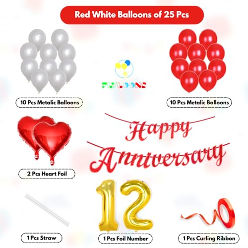 Image of Flyloons 12th Happy Anniversary Decoration Items Red White for Men Women Husband Wife Mom Dad Parent Couple Home Bedroom Car With 20 Pcs Metallic Balloons Anniversary Banner 2 Pcs Heart Set Kit