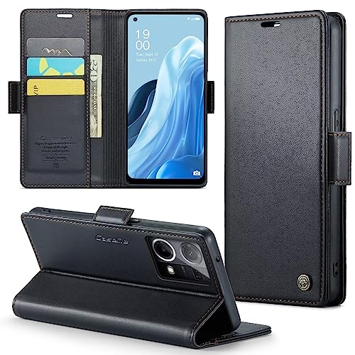 SLWYF Funda Compatible con OPPO Reno7 4G/F21 Pro 4G/Reno8 4G,Regalar 2 Piezas Protector de Pantalla.Flip Leather Edition,Funda de Cuero PU con Cáscara de TPU,[Soporte Plegable]-Negro