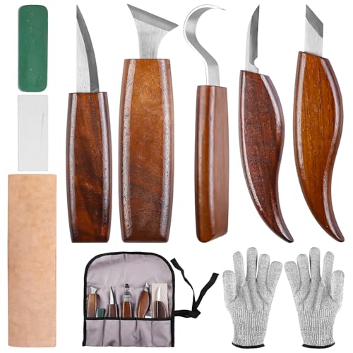 Schnitzmesser Set, 10 Stücke Holz-Schnitzwerkzeug Set, Professional Holzschnitzerei Messer Werkzeuge, Holzschnitzset mit Schnitzmesser, Hakenmesser, Meißel, Hohlbeitel, Abziehstein, Werkzeugtasche