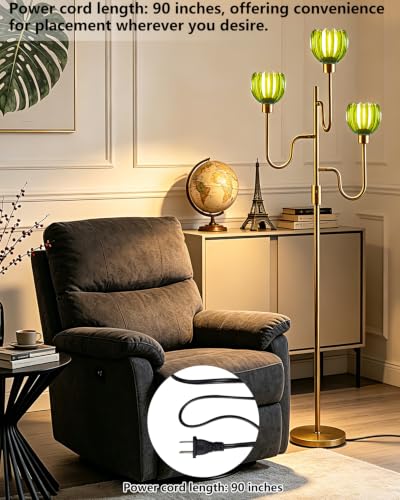 Image of Lightdot Dimmable Green Glass Floor Lamp Mid Century Modern Gold Floor Lamps with Warm White Bulbs Included 3-Arm Standing Tall Lamp with 5Lbs Heavy Base for Living Room /Bedroom /Home Office