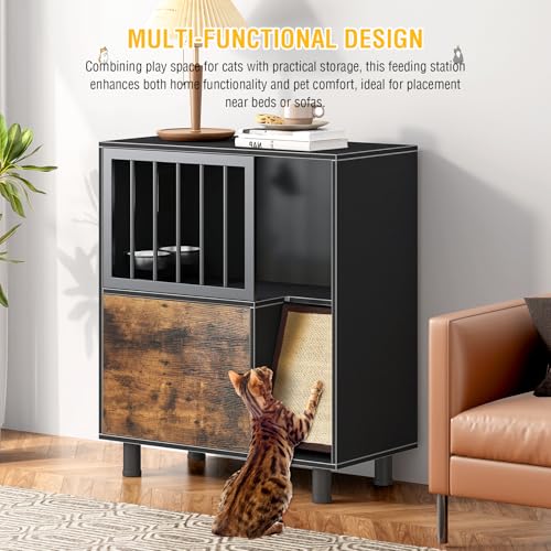 Dog Proof Cat Feeding Station, Cat Feeding Station, Pet Food Storage, Black | Raised Bowls for Indoor Cats, Elevated Food Bowls with Stand, Scratching Board, Stainless Steel Bowls - Image 4