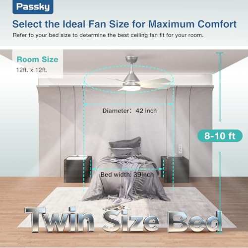 Image of Passky 42 Inch Silver Sleek Ceiling Fans with Lights, Remote Control | 3-color dimmable light, quiet reversible DC motor, easy install, memory, Timer, bedroom, covered outdoor areas