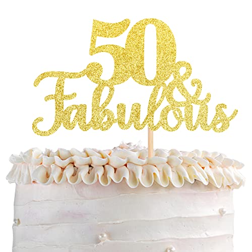 SYKYCTCY 1 PCS 50 & Fabulous Cake Topper Gold Glitter Cheers to Happy 50th Birthday Cake Toppers Fifty and Fabulous Cake Pick Decorations for 50th Wedding Anniversary Birthday Party Supplies