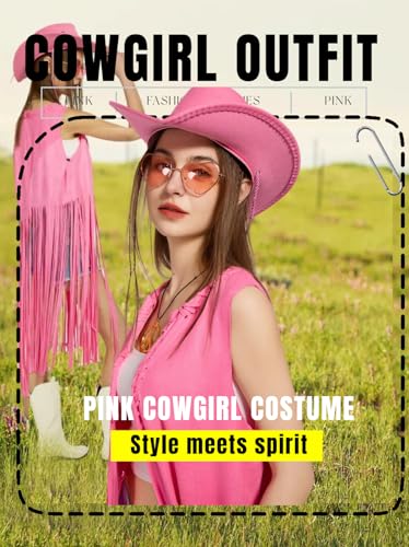 6 PC Cowgirl Western Outfits for Women Retro Cowgirl Costumes Fringe Vest Cow Girl Hat for Women Country 70s Hippie Outits (Pink, M)