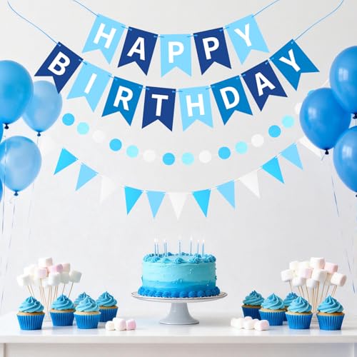 Image of Sky Blue Happy Birthday Banner Hanging Sign Circle Dot Triangle Bunting
