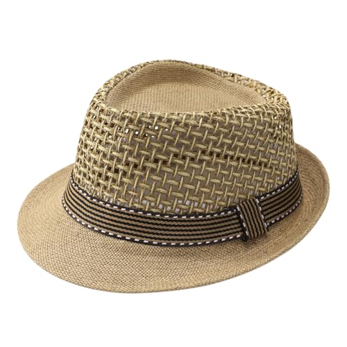 Men’s Vintage Summer Sun Protection Straw Fedora Hat Panama Newsboy Top Cap Short Brim Manhattan Gangster Casual Jazz Hat Khaki