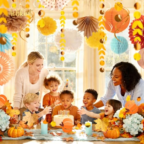 Image of AOBKIAT 21PCS Fall Party Decorations Kit,for Baby Shower,Birthday | Autumn Home Decor wirh Paper Pom Poms,Lantern,Maple Fan,Pumpkin Garland,Swirls,for Rustic Wedding,Thanksgiving,Harvest
