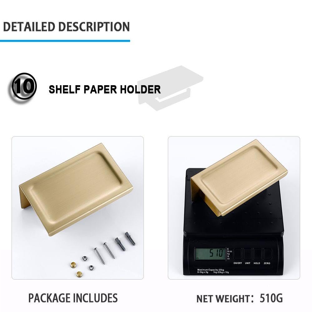 Juego de Accesorios de baño de Oro Cepillado Soporte para Rollo de Papel higiénico para Montaje en Pared Toallero Percha para Batas Kit de Accesorios de Acero Inoxidable, Soporte para teléfono BG