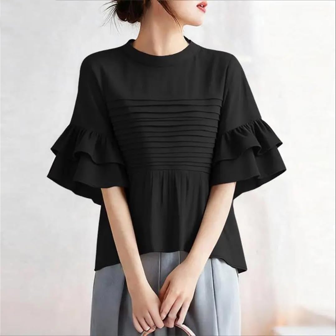 Camicette estive da donna eleganti da lavoro in ufficio o collo a maniche corte camicia elegante tinta unita plissettata tunica top