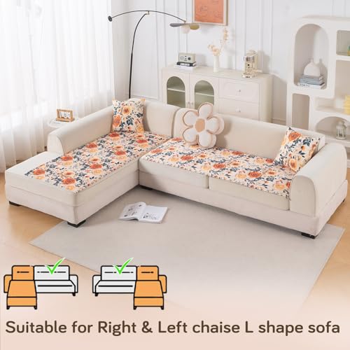 Image of HOKIPO 'Nature Muse' Premium HD Printed Holland Velvet L Shape (3+2 Seater) Sofa Cover Seat Mat, Caramel Ambrosia (IN-916-D8 + IN-918-D8)
