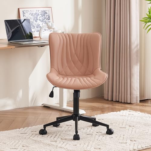 Image of YOUTASTE Pink Modern Office Chair, Faux Leather Armless Desk Chair with Wheels, Height Adjustable, Swivel, Rocking, 300 lbs Capacity, Metal Base, for Home Office Vanity