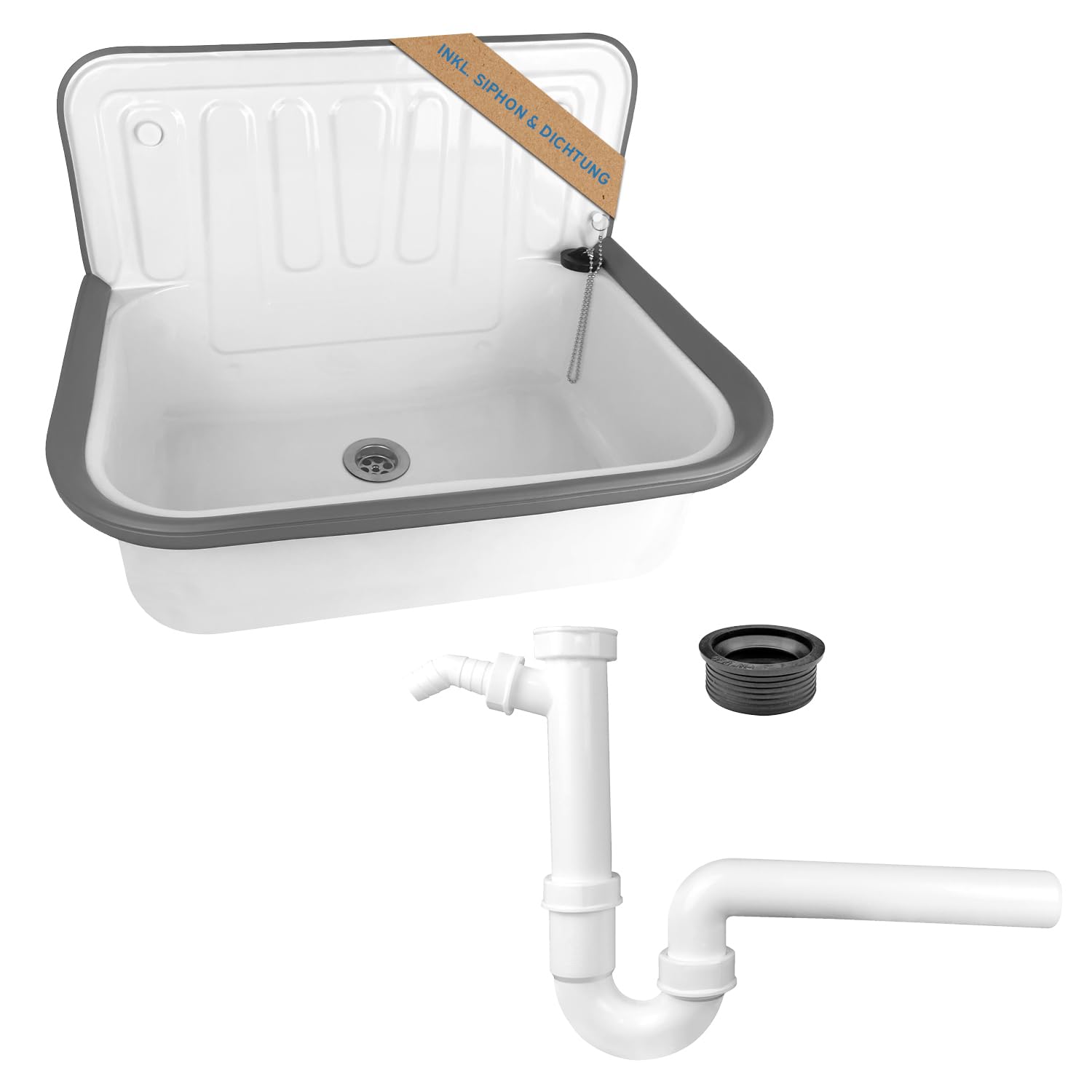 kör4u Komplettset Ausgussbecken weiß 50cm, aus robustem Stahl, inkl. Abflussstopfen, Kunststoff Siphon weiß 1 1/2 Zoll x 40mm, Gumminippel DN 40/50