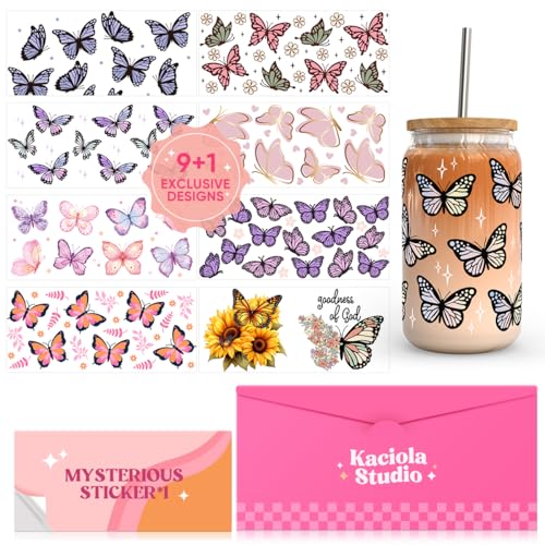 Image of Kaciola 10 Sheets UV DTF Cup Wraps for 16 oz-Butterfly Theme UV DTF Stickers, 1 Sheet Mysterious Pattern Transfer, Rub on Transfers Stickers for 16 oz Libbey Glasses Crafting