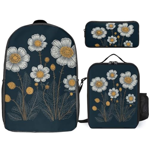 Three White Flowers-png Backpack Set Lightweight Bag Lunch Box Pencil Bags for Women Men Bookbags 3 in 1