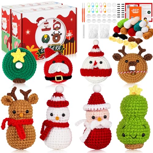 Yunlly 8 Pcs Christmas Crochet Kit for Beginners Christmas Crochet Starter Kit DIY with Instructions and Video Tutorials for Beginners Adults and Kids Knitting Craft Supplies