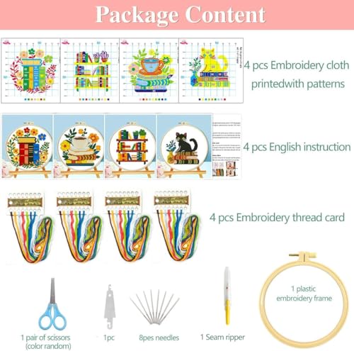Image of Zhenqing 4 Themes Cross Stitch Kit Set - 11CT 9.45x9.45Inch, Coffee /Books /Cats /Floral Designs, DIY Embroidery Kit with Full Tools (Hoops, Scissors, Tassels) & Guide, Cozy Home Decor Gift(69601)