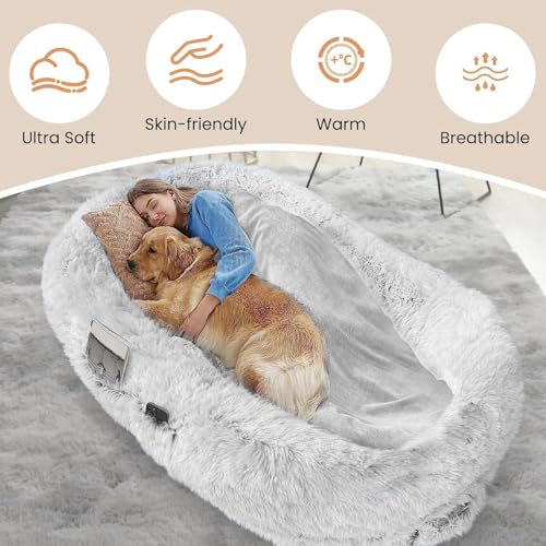 BBTEQEKN Human Dog Bed for Adults and Pets, Comfortable, Durable, Fluffy for Pets and People Doze Off Napping, 72.8"x47"x12", Washable Faux Fur Bed Cover, Blanket, Pillow - Image 3