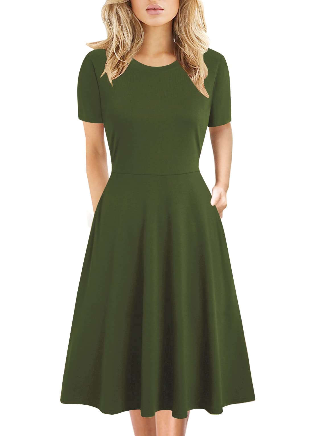 Damen Elegant Vintage Sommer Casual Blumendruck Arbeit Party Swing A-Linie Kleid mit Taschen H162