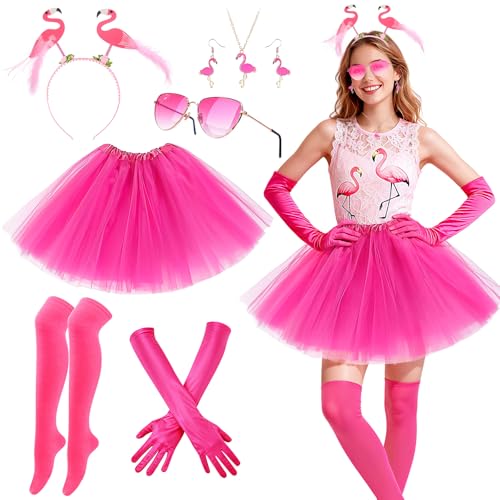 7 Stück Flamingo Kostüm Set für Damen, Karneval Flamingo Kostüm Accessorie mit mit Haarreif Ohrringe Halskette Tüllrock Sonnenbrille Handschuhe...