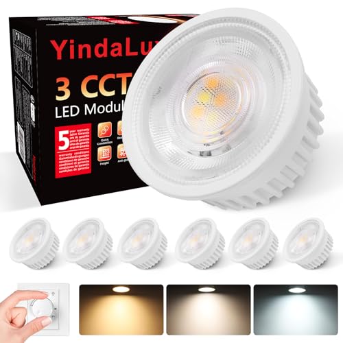 YindaLux 6x 3CCT Módulo LED 230V   4.9W 500LM 38° ángulo de Haz Para Focos Empotrables   3000K/4000K/6000K Regulable   Sustituye a la bombilla GU10 MR16   IP44 Estanca