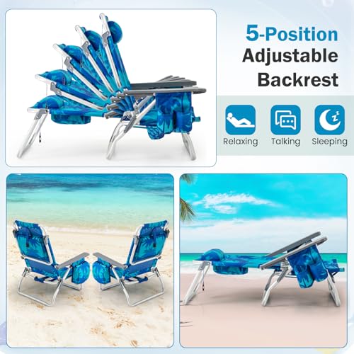 Image of Giantex Folding Beach Chair, Patio Sling Chairs with 5 Adjustable Position, Head Pillow, Storage Bag, Towel Bar, Cup Holders, Backpack Chairs for Sunbathing, Camping Chair
